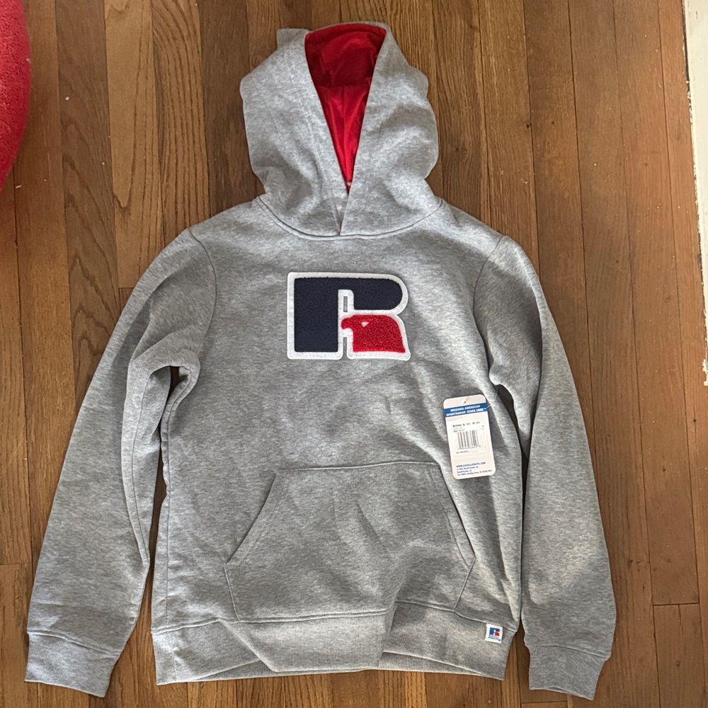 Russell Athletic Gray Hoodie with Red and Navy Details